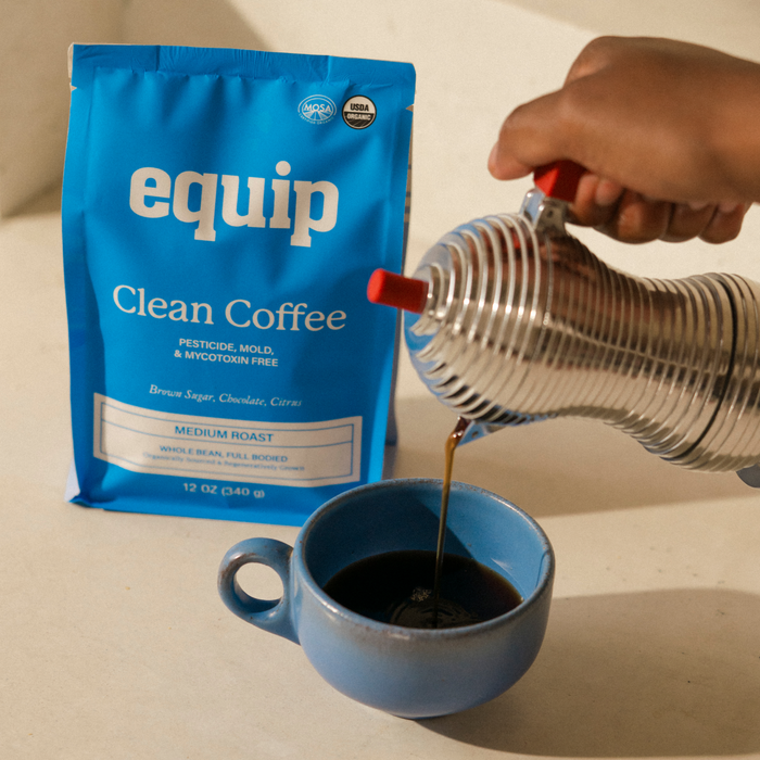 Equip Clean Coffee bag with coffee being poured