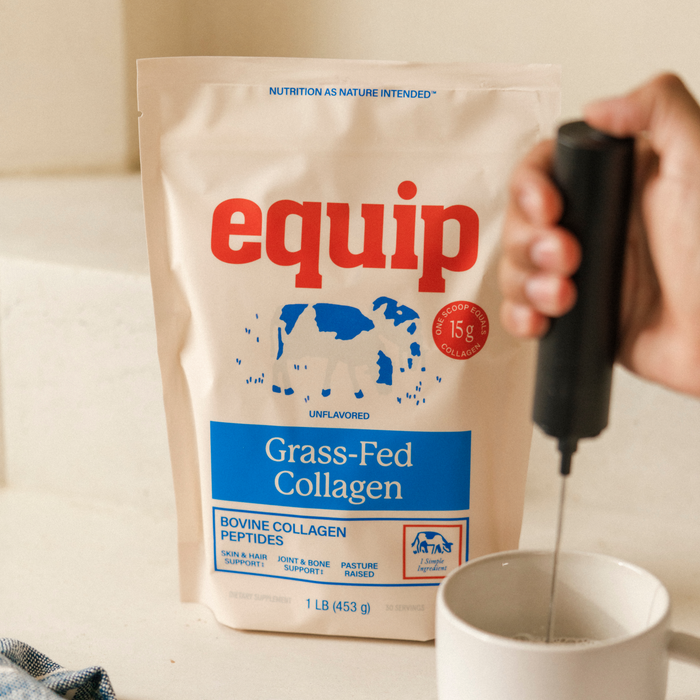 Equip Grass Fed Collagen bag beside a frother